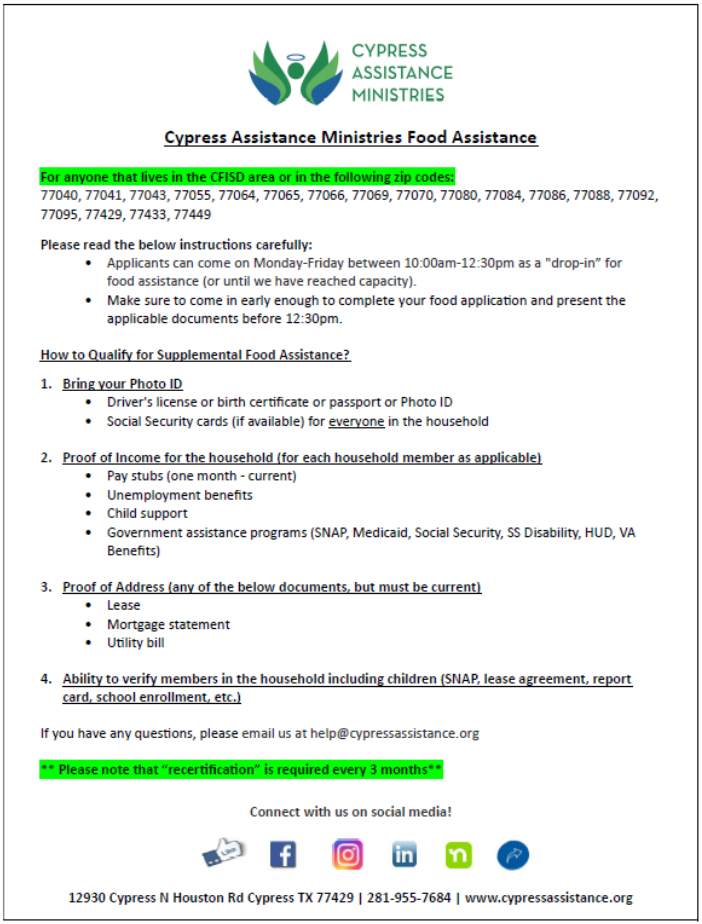 CAM Food Pantry Assistance Requirements